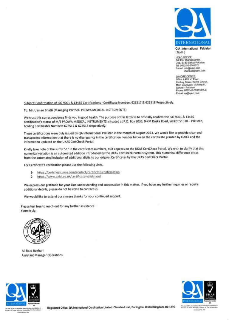 ISO Certificates Confirmation Letter - QAICL - Prowa Medical Instruments