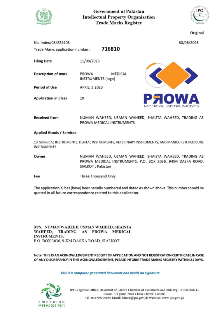 Trademark Registration - Prowa Medical Instruments