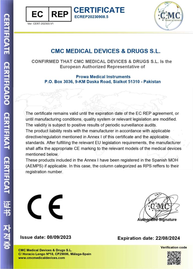 European Representative - EC Rep Certificate - CMC Spain - Prowa Medical Instruments