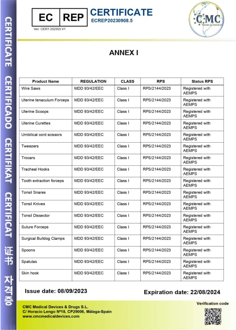 European Representative - EC Rep Certificate - CMC Spain - Prowa Medical Instruments