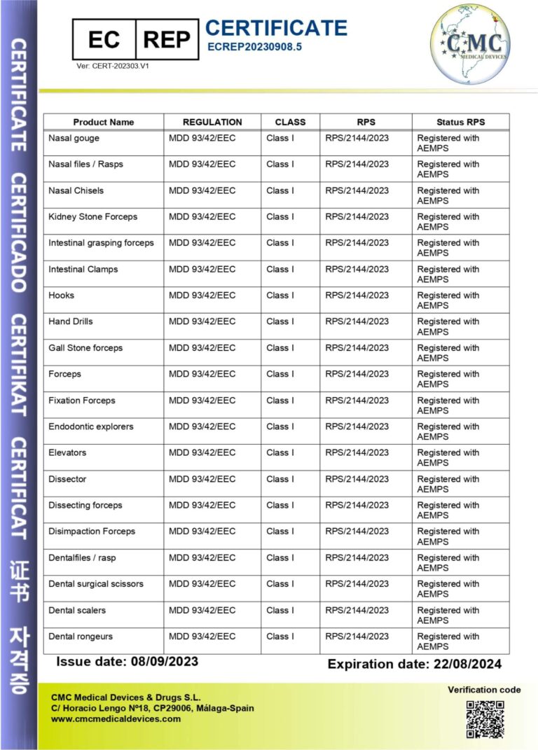European Representative - EC Rep Certificate - CMC Spain - Prowa Medical Instruments