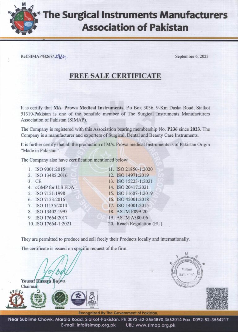 Surgical Association SIMAP - Free Sale Certificate - Prowa Medical Instruments