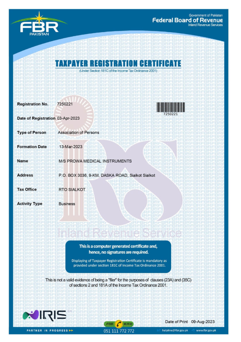 Tax Payer Registration - Prowa Medical Instruments