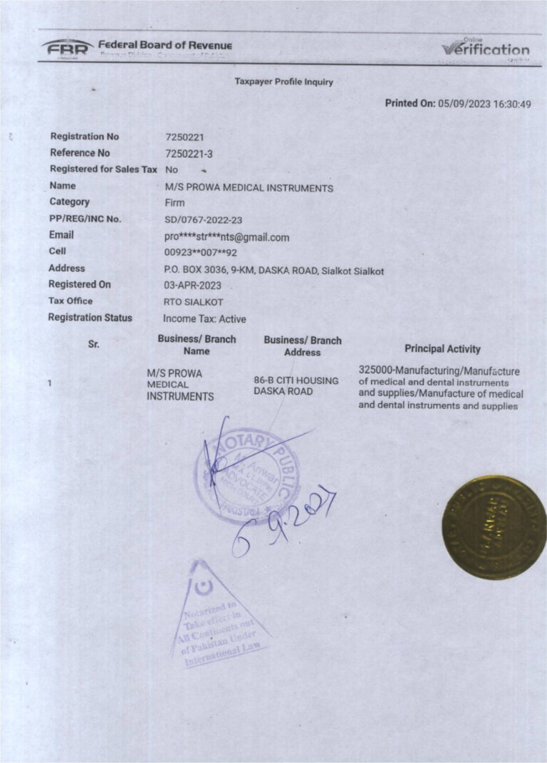 Tax Payer Verification - Prowa Medical Instruments