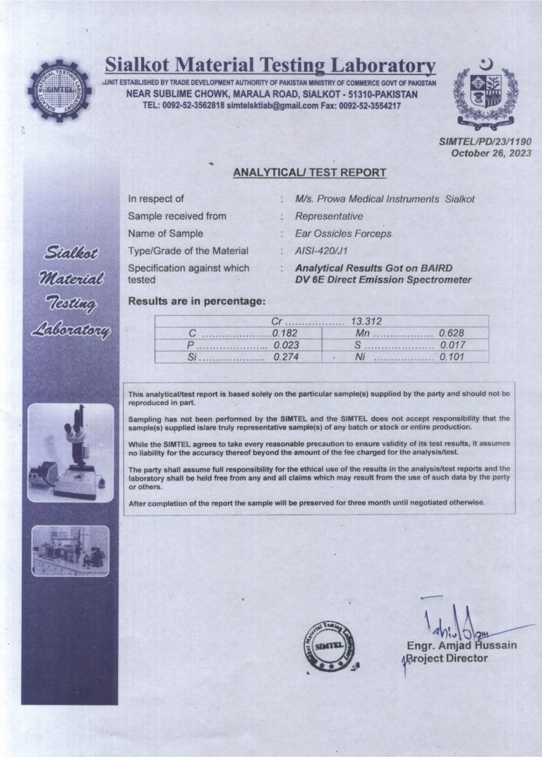 SIMTEL Testing Report - Ear Ossicels Forceps - Grade 420