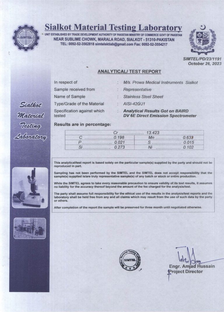 SIMTEL Testing Report - Stainless Steel Sheet - Grade 420