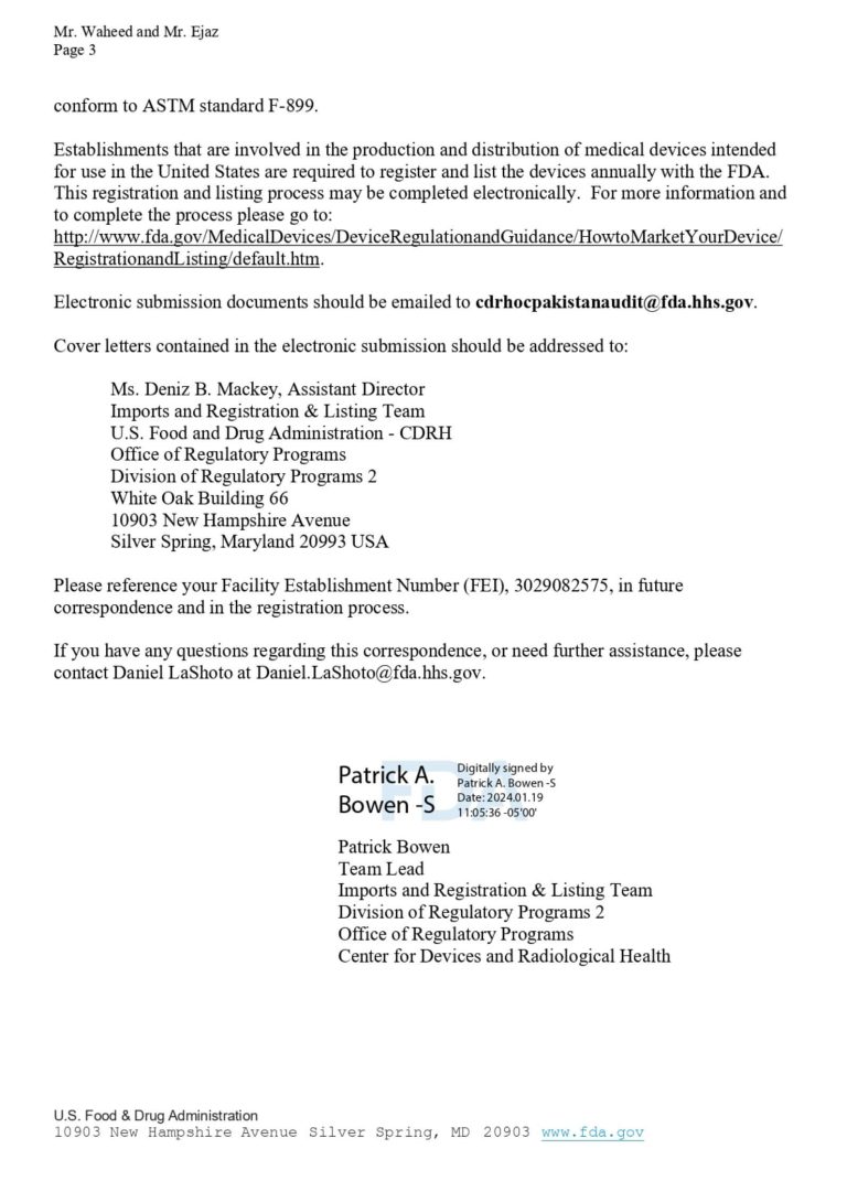 US FDA, GMP 003 - Prowa Medical Instruments